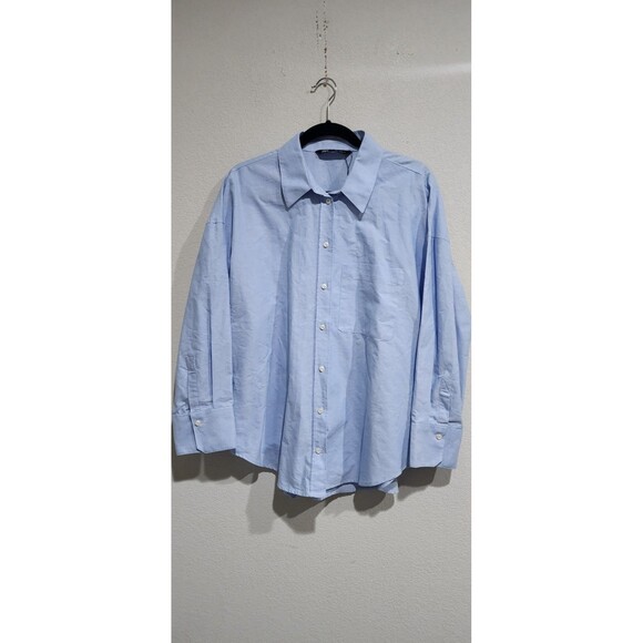 ZARA WOMAN OVERSIZED SATIN EFFECT POPLIN BUTTON DOWN SHIRT BLUE L - Picture 1 of 13
